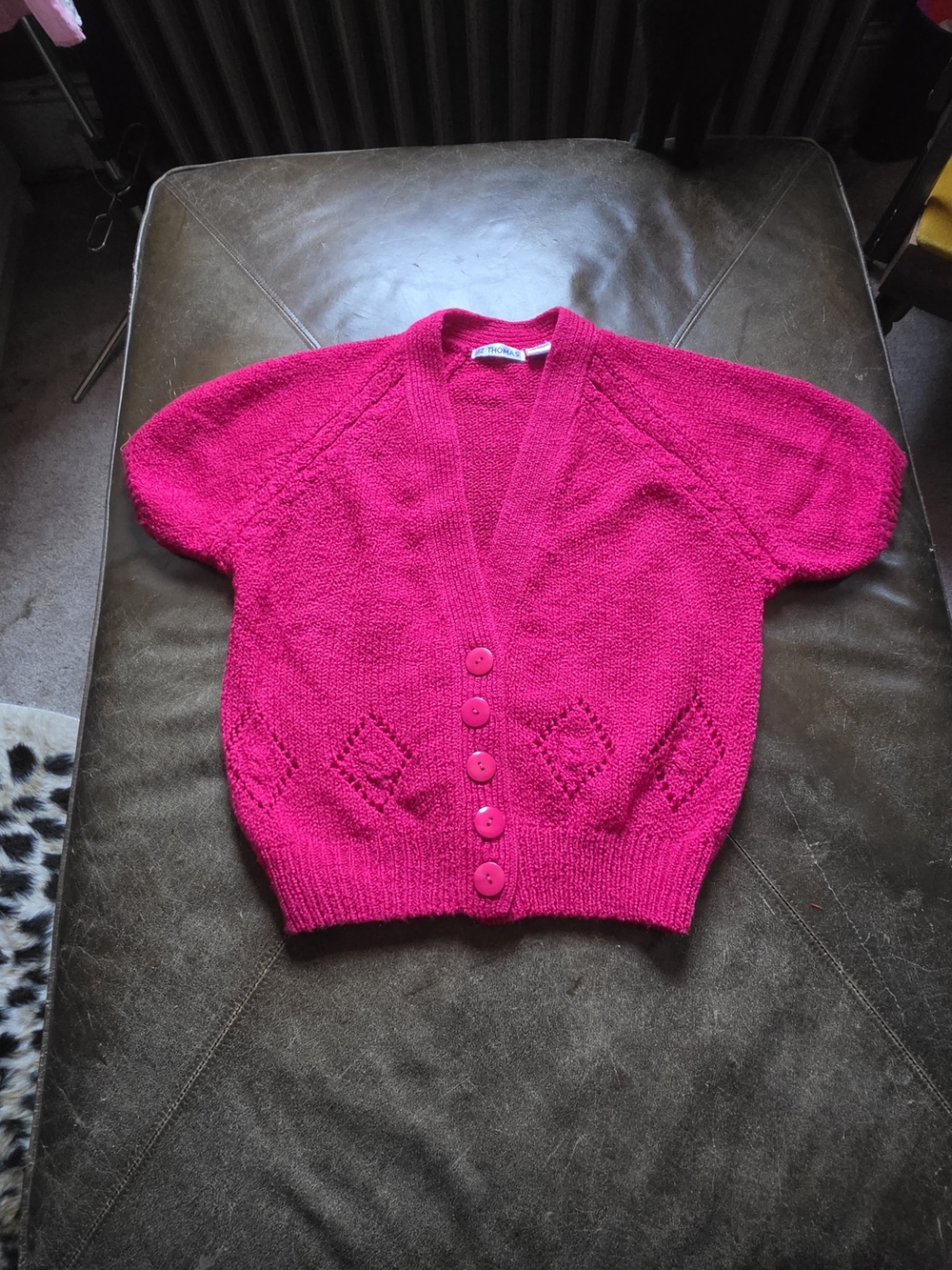 Vintage 80s Liz Thomas Magenta Knit Short Sleeve Cardigan Sweater Large